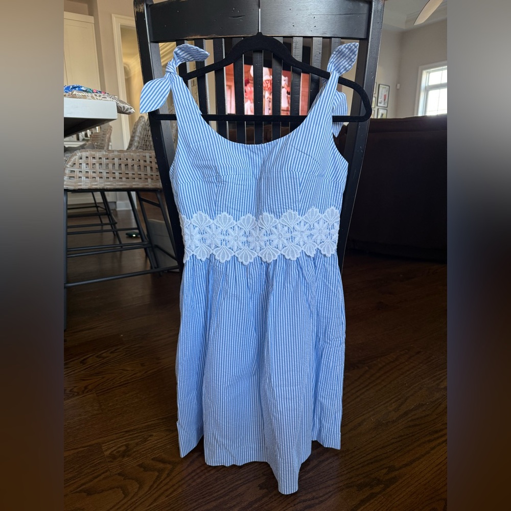 Lilly Pulitzer Blue and White Striped Mini Dress with Lace Waist